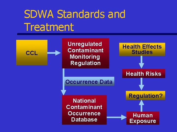 SDWA Standards and Treatment CCL Unregulated Contaminant Monitoring Regulation Health Effects Studies Health Risks