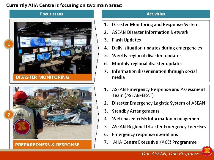 Currently AHA Centre is focusing on two main areas: Focus areas Activities 1. Disaster