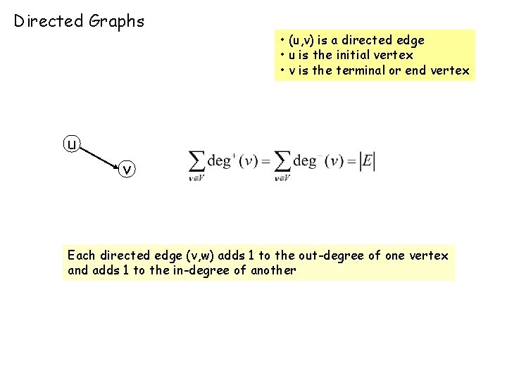 Directed Graphs • (u, v) is a directed edge • u is the initial Directed Graphs • (u, v) is a directed edge • u is the initial