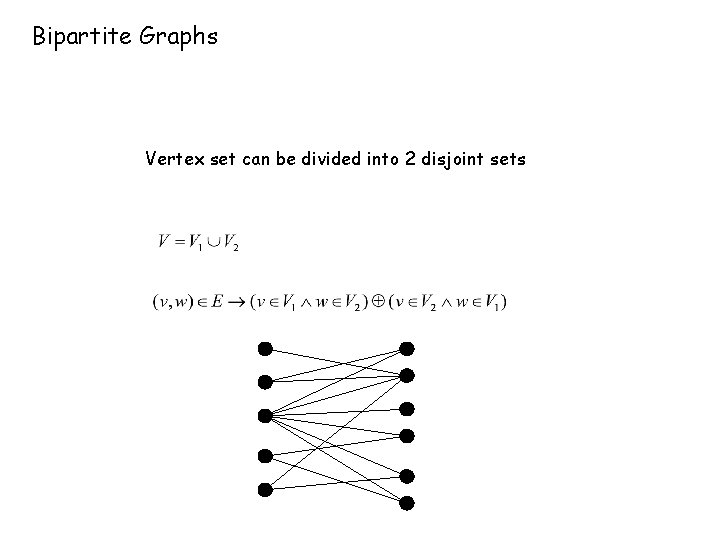 Bipartite Graphs Vertex set can be divided into 2 disjoint sets Bipartite Graphs Vertex set can be divided into 2 disjoint sets