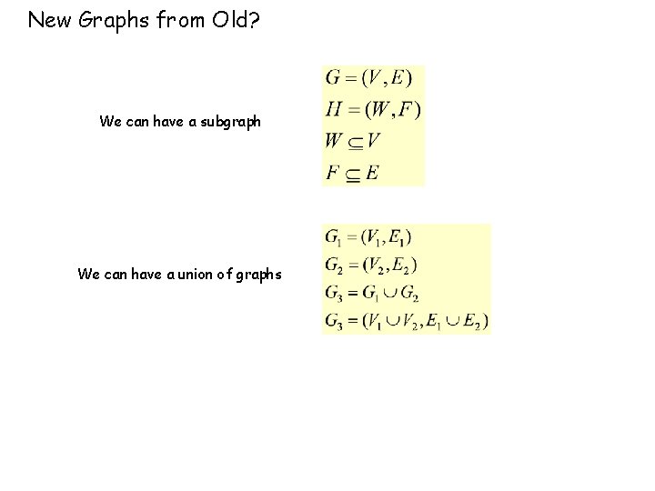 New Graphs from Old? We can have a subgraph We can have a union New Graphs from Old? We can have a subgraph We can have a union