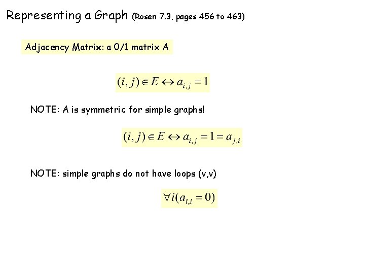 Representing a Graph (Rosen 7. 3, pages 456 to 463) Adjacency Matrix: a 0/1 Representing a Graph (Rosen 7. 3, pages 456 to 463) Adjacency Matrix: a 0/1