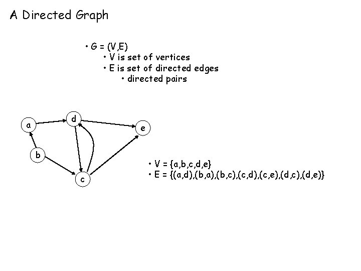 A Directed Graph • G = (V, E) • V is set of vertices A Directed Graph • G = (V, E) • V is set of vertices
