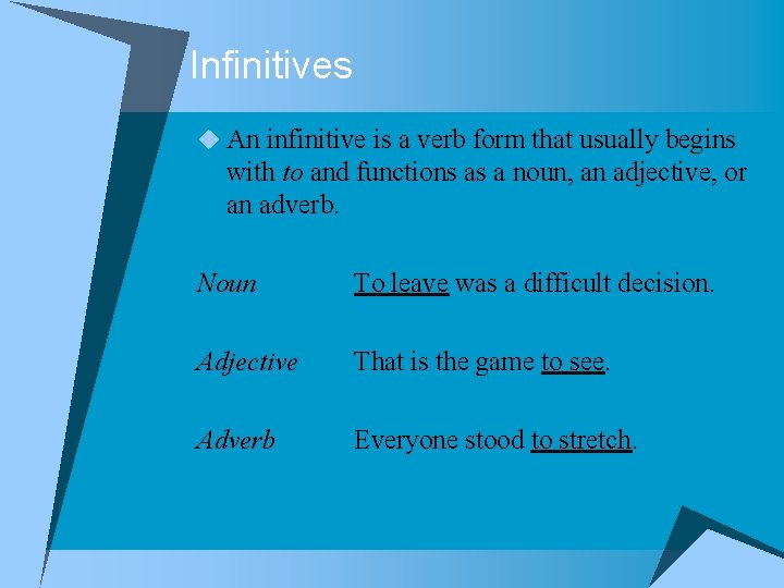 Infinitives u An infinitive is a verb form that usually begins with to and