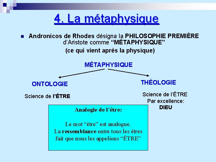 4. La métaphysique n Andronicos de Rhodes désigna la PHILOSOPHIE PREMIÈRE d’Aristote comme “MÉTAPHYSIQUE”