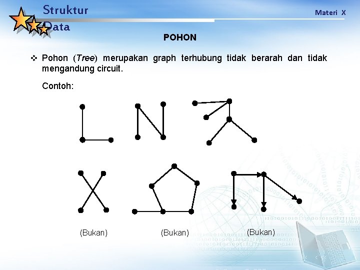 Struktur Data Materi X POHON v Pohon (Tree) merupakan graph terhubung tidak berarah dan