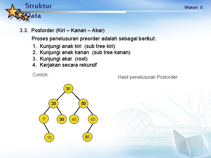 Struktur Data Materi X 3. 3. Postorder (Kiri – Kanan – Akar) Proses penelusuran