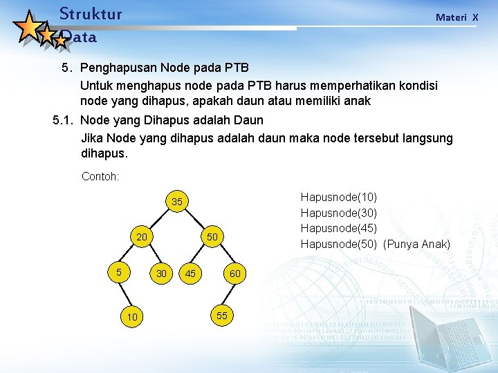 Struktur Data Materi X 5. Penghapusan Node pada PTB Untuk menghapus node pada PTB