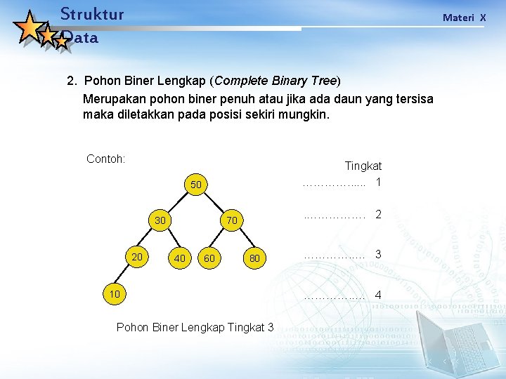 Struktur Data Materi X 2. Pohon Biner Lengkap (Complete Binary Tree) Merupakan pohon biner