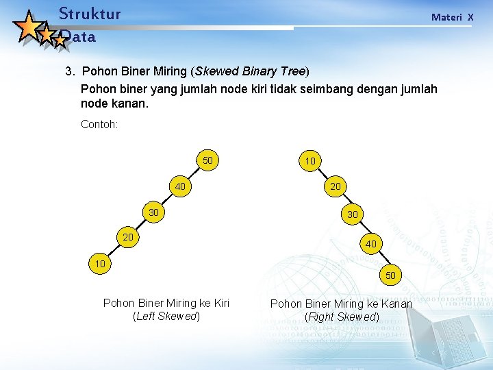Struktur Data Materi X 3. Pohon Biner Miring (Skewed Binary Tree) Pohon biner yang