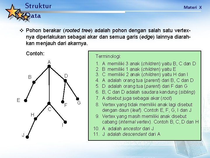 Struktur Data Materi X v Pohon berakar (rooted tree) adalah pohon dengan salah satu