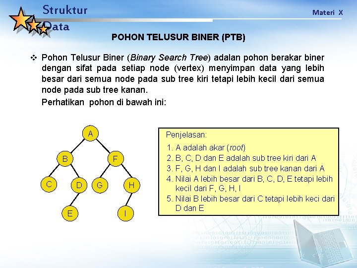 Struktur Data Materi X POHON TELUSUR BINER (PTB) v Pohon Telusur Biner (Binary Search
