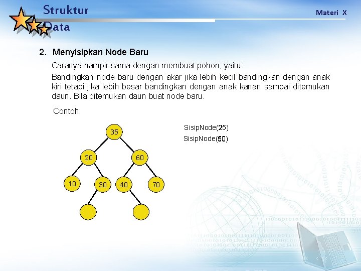 Struktur Data Materi X 2. Menyisipkan Node Baru Caranya hampir sama dengan membuat pohon,