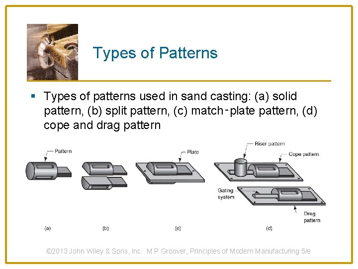 Types of Patterns § Types of patterns used in sand casting: (a) solid pattern,