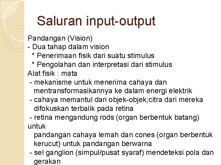 Saluran input-output Pandangan (Vision) - Dua tahap dalam vision * Penerimaan fisik dari suatu