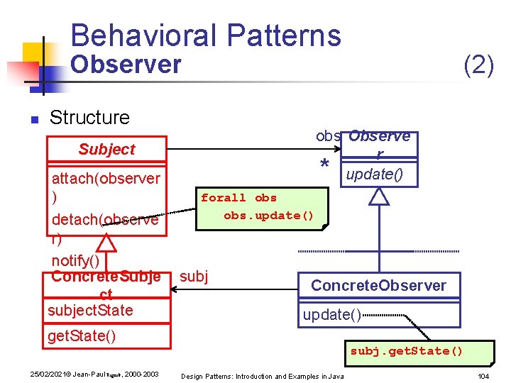 Behavioral Patterns Observer n Structure obs Observe r update() Subject attach(observer ) detach(observe r) Behavioral Patterns Observer n Structure obs Observe r update() Subject attach(observer ) detach(observe r)
