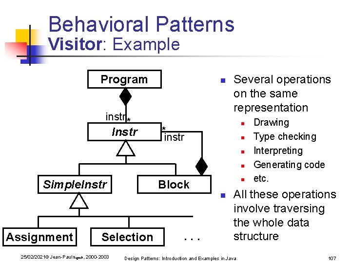 Behavioral Patterns Visitor: Example Program n instr * Instr Several operations on the same Behavioral Patterns Visitor: Example Program n instr * Instr Several operations on the same