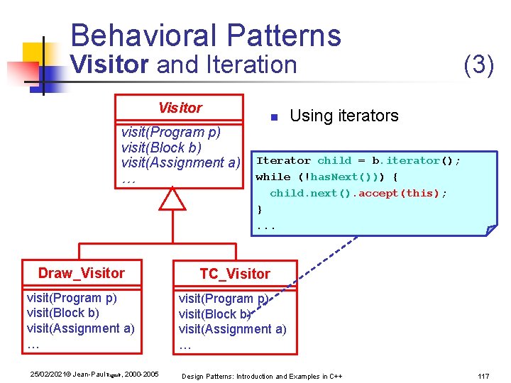 Behavioral Patterns Visitor and Iteration Visitor visit(Program p) visit(Block b) visit(Assignment a) … n Behavioral Patterns Visitor and Iteration Visitor visit(Program p) visit(Block b) visit(Assignment a) … n