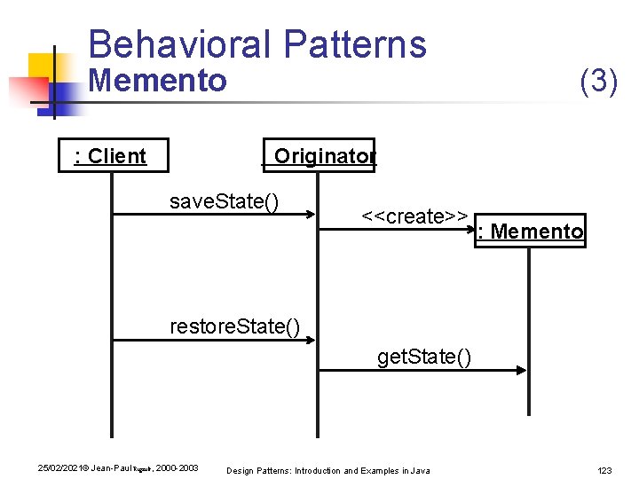 Behavioral Patterns Memento : Client (3) : Originator save. State() <<create>> : Memento restore. Behavioral Patterns Memento : Client (3) : Originator save. State() <<create>> : Memento restore.