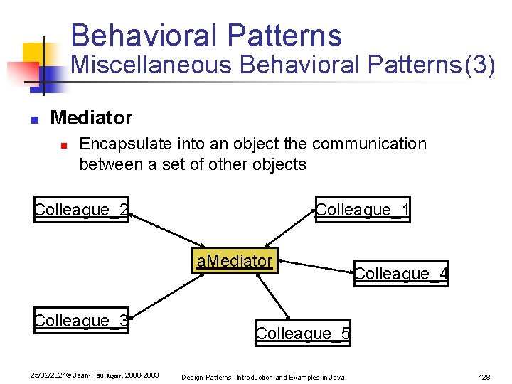 Behavioral Patterns Miscellaneous Behavioral Patterns(3) n Mediator n Encapsulate into an object the communication Behavioral Patterns Miscellaneous Behavioral Patterns(3) n Mediator n Encapsulate into an object the communication