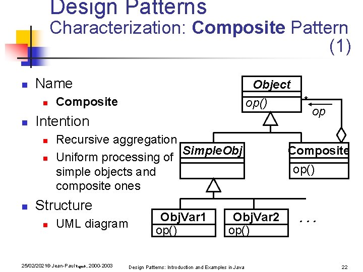 Design Patterns Characterization: Composite Pattern (1) n Name n n Composite op() Intention n Design Patterns Characterization: Composite Pattern (1) n Name n n Composite op() Intention n