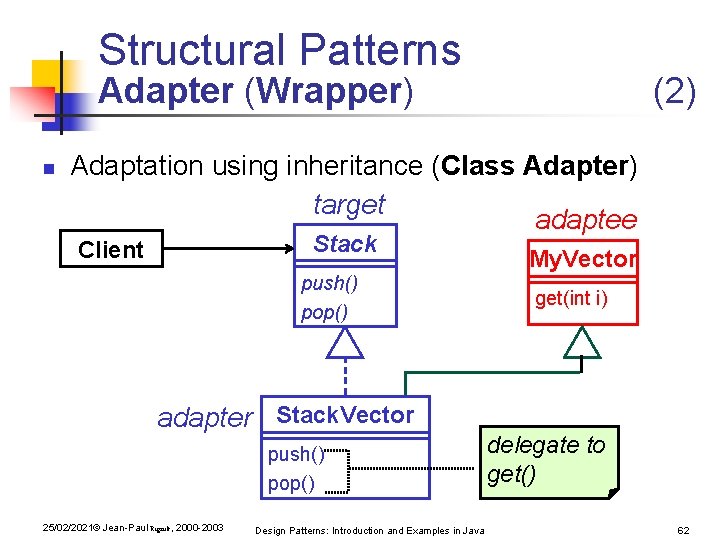 Structural Patterns Adapter (Wrapper) n (2) Adaptation using inheritance (Class Adapter) target adaptee Stack Structural Patterns Adapter (Wrapper) n (2) Adaptation using inheritance (Class Adapter) target adaptee Stack