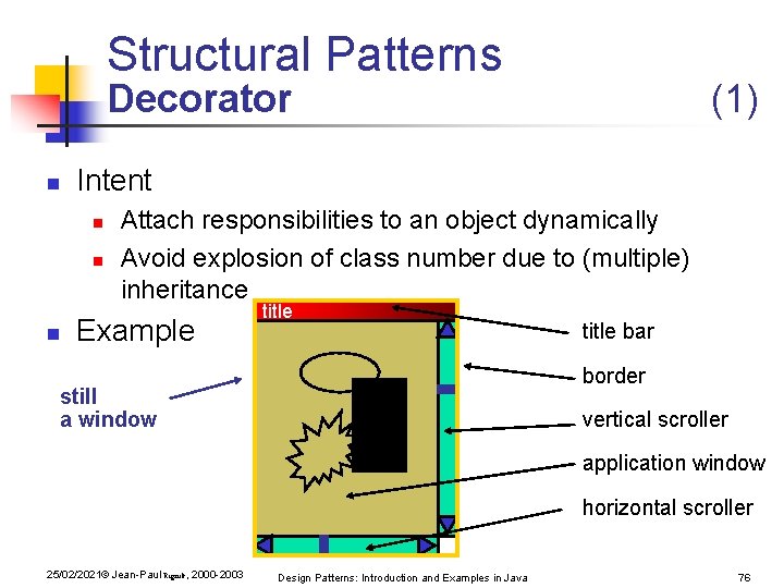 Structural Patterns Decorator n Intent n n n (1) Attach responsibilities to an object Structural Patterns Decorator n Intent n n n (1) Attach responsibilities to an object