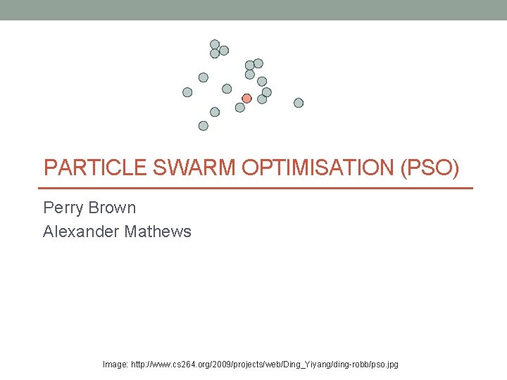 PARTICLE SWARM OPTIMISATION (PSO) Perry Brown Alexander Mathews Image: http: //www. cs 264. org/2009/projects/web/Ding_Yiyang/ding-robb/pso.