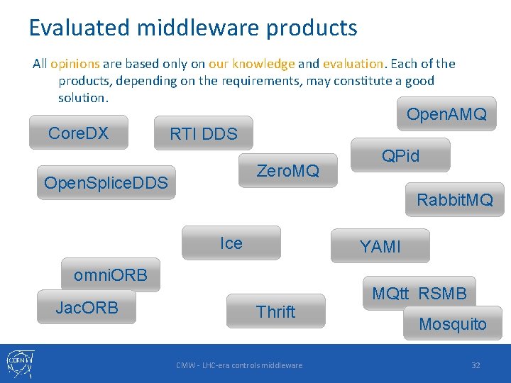 Evaluated middleware products All opinions are based only on our knowledge and evaluation. Each