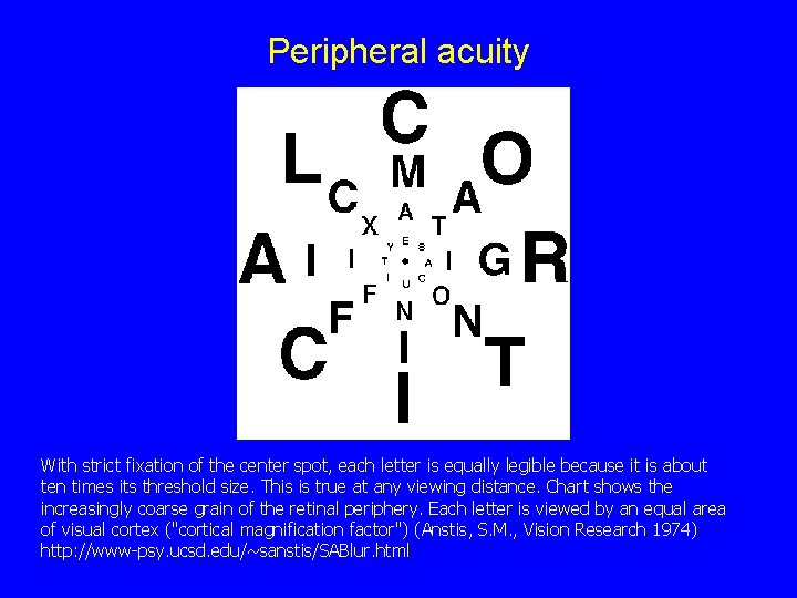 Peripheral acuity With strict fixation of the center spot, each letter is equally legible