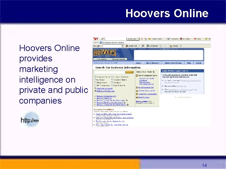 Hoovers Online provides marketing intelligence on private and public companies 14 