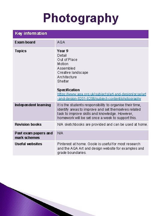 Photography Key information Exam board AQA Topics Year 9 Detail Out of Place Motion