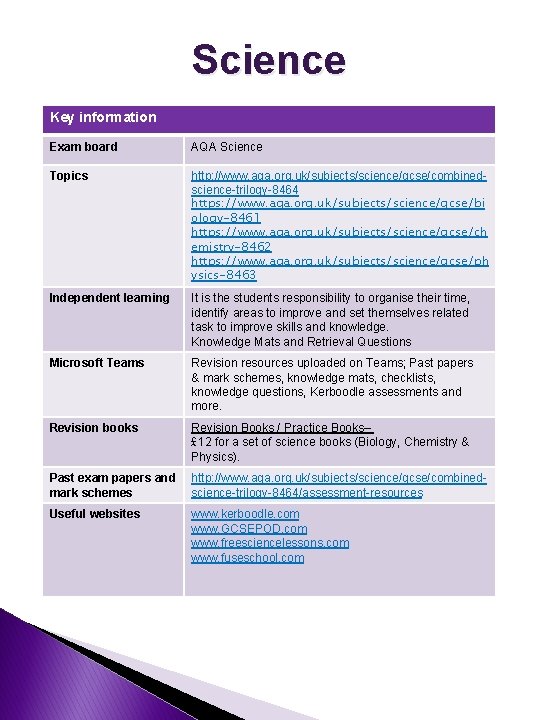 Science Key information Exam board AQA Science Topics http: //www. aqa. org. uk/subjects/science/gcse/combinedscience-trilogy-8464 https: