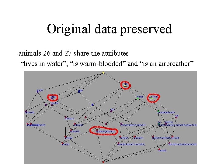 Original data preserved animals 26 and 27 share the attributes “lives in water”, “is