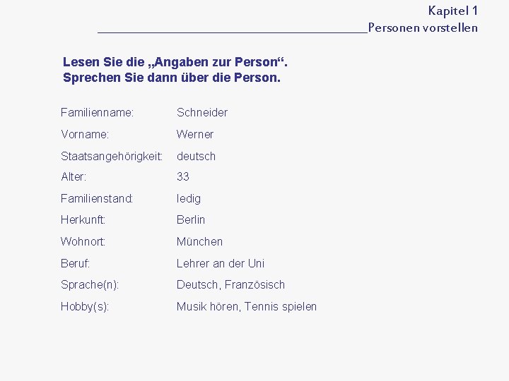 Kapitel 1 _________________________Personen vorstellen Lesen Sie die „Angaben zur Person“. Sprechen Sie dann über