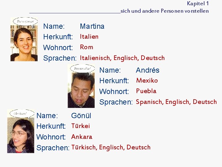 Kapitel 1 ___________________sich und andere Personen vorstellen Name: Herkunft: Wohnort: Sprachen: Martina Italien Rom