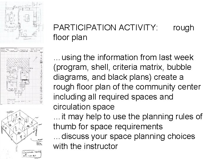 PARTICIPATION ACTIVITY: floor plan rough …using the information from last week (program, shell, criteria
