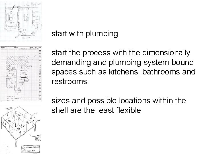 start with plumbing start the process with the dimensionally demanding and plumbing-system-bound spaces such