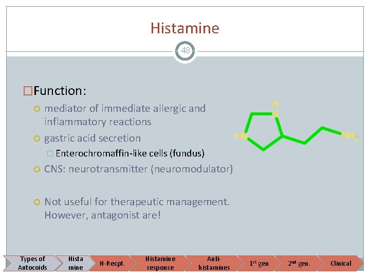 Histamine 48 �Function: mediator of immediate allergic and inflammatory reactions gastric acid secretion �