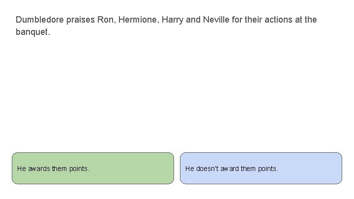 Dumbledore praises Ron, Hermione, Harry and Neville for their actions at the banquet. He