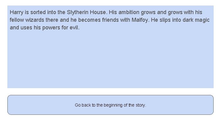 Harry is sorted into the Slytherin House. His ambition grows and grows with his