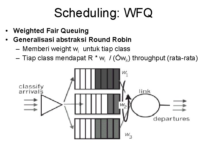 Scheduling: WFQ • Weighted Fair Queuing • Generalisasi abstraksi Round Robin – Memberi weight