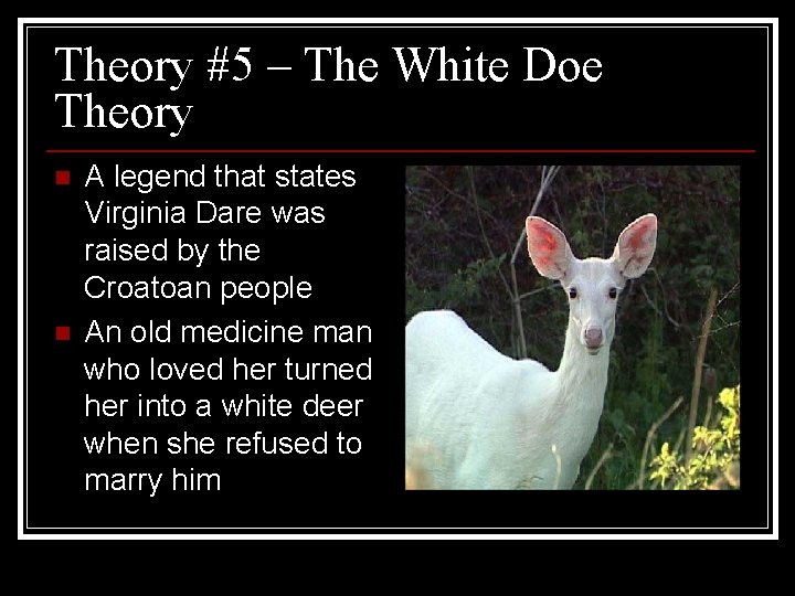 Theory #5 – The White Doe Theory n n A legend that states Virginia