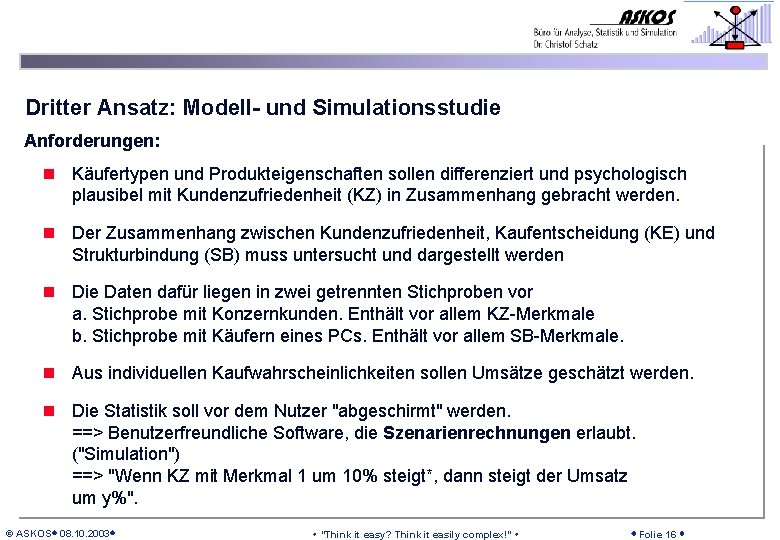 Dritter Ansatz: Modell- und Simulationsstudie Anforderungen: n Käufertypen und Produkteigenschaften sollen differenziert und psychologisch