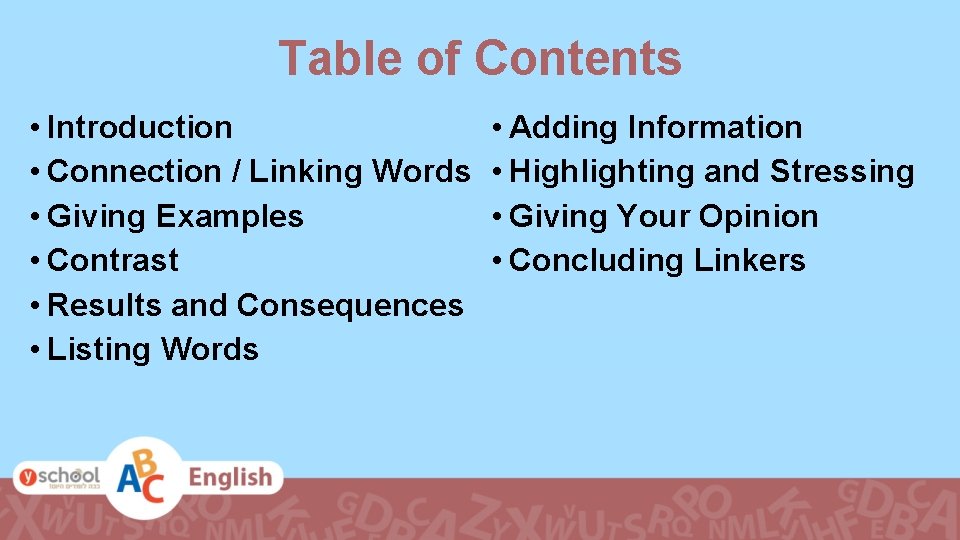 Table of Contents • Introduction • Connection / Linking Words • Giving Examples •