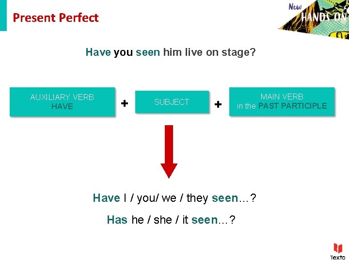 Present Perfect Simple AFFIRMATIVE FORM Have you seen him live on stage? AUXILIARY VERB