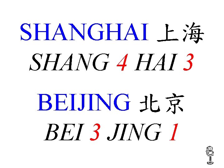 SHANGHAI 上海 SHANG 4 HAI 3 BEIJING 北京 BEI 3 JING 1 