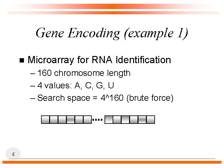 Gene Encoding (example 1) n Microarray for RNA Identification – 160 chromosome length –