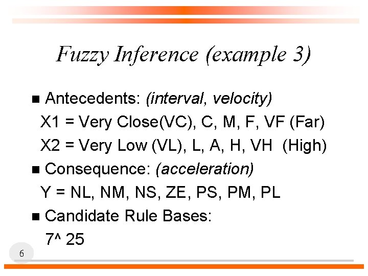 Fuzzy Inference (example 3) Antecedents: (interval, velocity) X 1 = Very Close(VC), C, M,