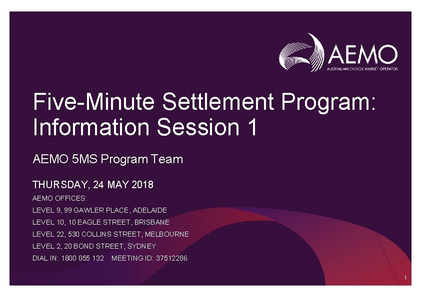 Five-Minute Settlement Program: Information Session 1 AEMO 5 MS Program Team THURSDAY, 24 MAY Five-Minute Settlement Program: Information Session 1 AEMO 5 MS Program Team THURSDAY, 24 MAY